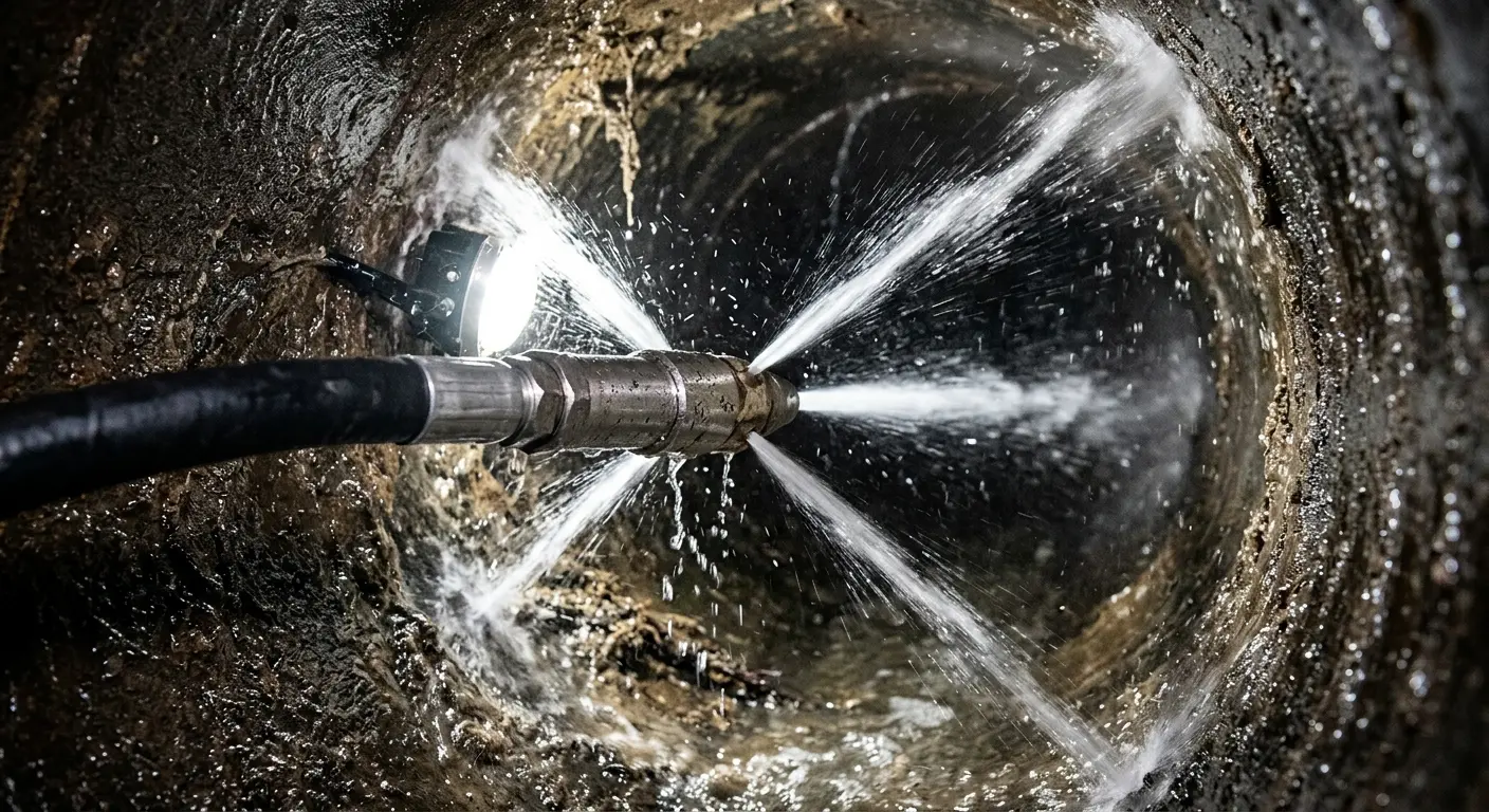 High-pressure hydro jetting nozzle cleaning sewer pipe for Emergency Drain Service in Pulaski