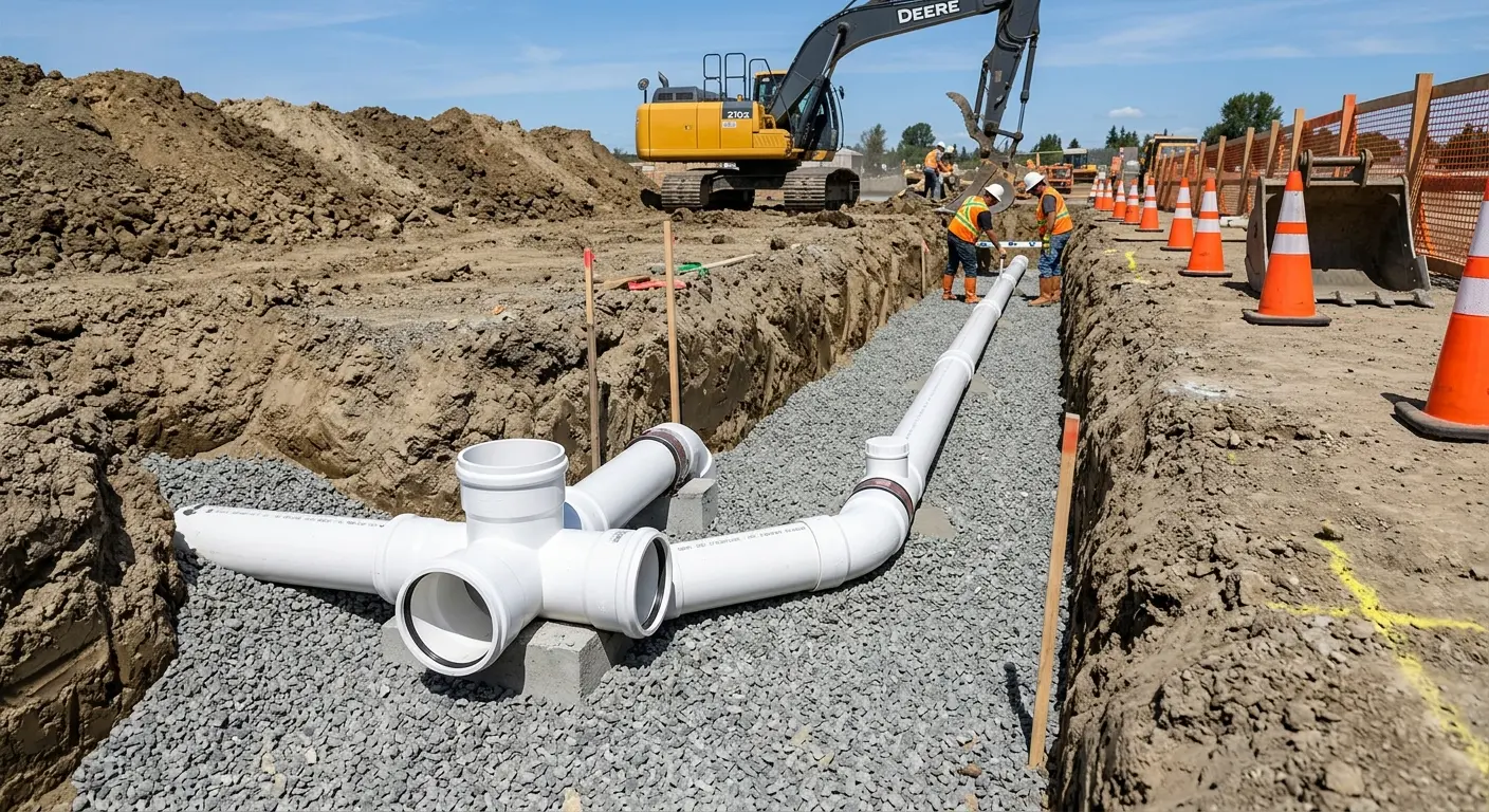 New PVC sewer pipe installation in open trench for Sewer Backup in Pulaski